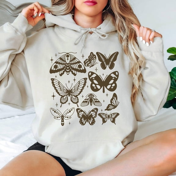 Vintage Butterfly and Moth Hoodie Nature Lover Tee, Botanical Outfit, Boho Clothing, Aesthetic Hoodie Cottagecore Hoodie Gift for Her All Size S-5XL