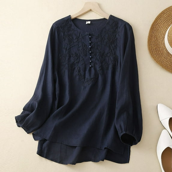 Vintage C Embroidered Linen T Shirt For Women Casual Loose Fit Top Medium Women Shirt Women Short Sleeve Shirts Casual Sleeve Pack And Shirts Women Ladies Shirt Long Sleeve Long Sleeve Shirts for