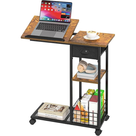 Vintage C Shaped End Table with Storage Basket, Tiltable & Large Tabletop Side Table with Drawer, Bedside Table with Wheels, Rolling C Table for Living Room, Bedroom, Bedside, Rustic Brown and Black