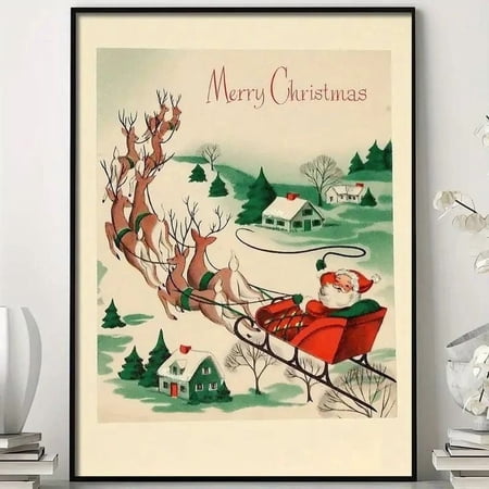 Vintage C.hr.ist.mas Poster - Santa Claus & Deer Sleigh Ride Snowy Village Poster Size 24''x36''-Gategoo price history and forecast - Gategoo