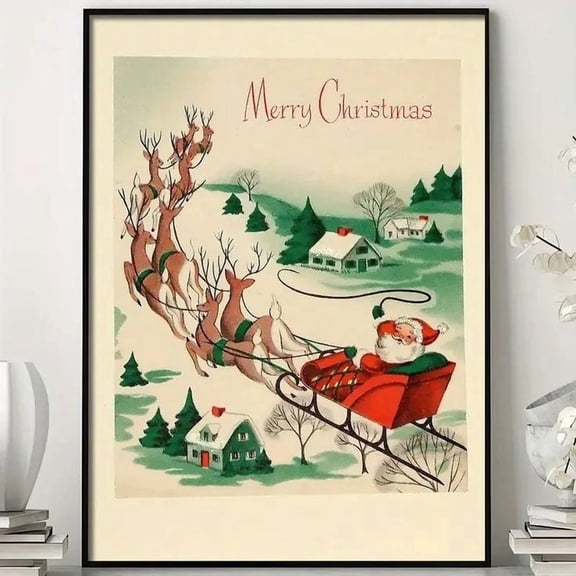 Vintage C.hr.ist.mas Poster - Santa Claus & Deer Sleigh Ride Snowy Village Poster Size 24''x36''-Gategoo