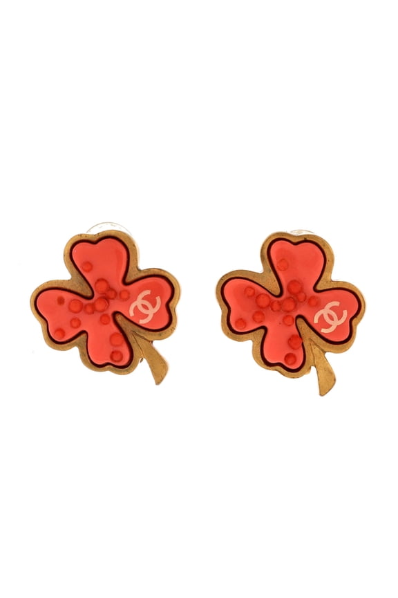 Vintage CC Clover Clip-On Earrings Metal and Resin Small By Rebag