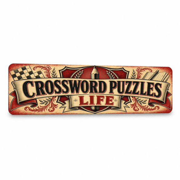 Vintage "CROSSWORD PUZZLES LIFE" Heritage Crest Metal Sign - 15"x5" Aluminum Crossword Puzzles Wall Decor & Wall Art for Enthusiasts, Hobby Rooms & Gallery Walls
