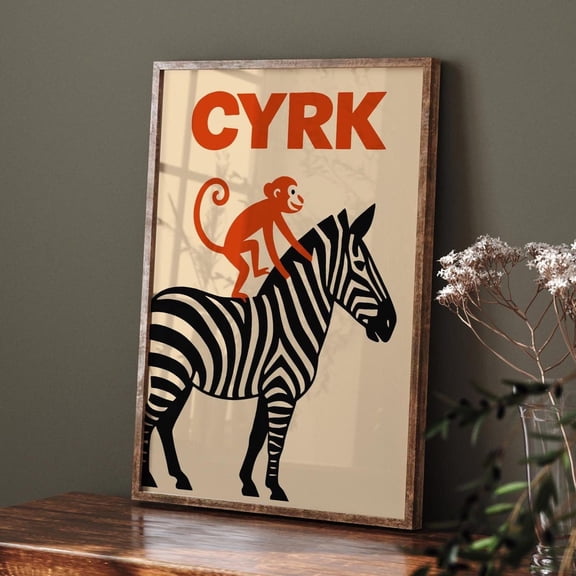 Vintage CYRK Retro Monkey Zebra Circus Art Poster, Stretched Canvas 12x16in