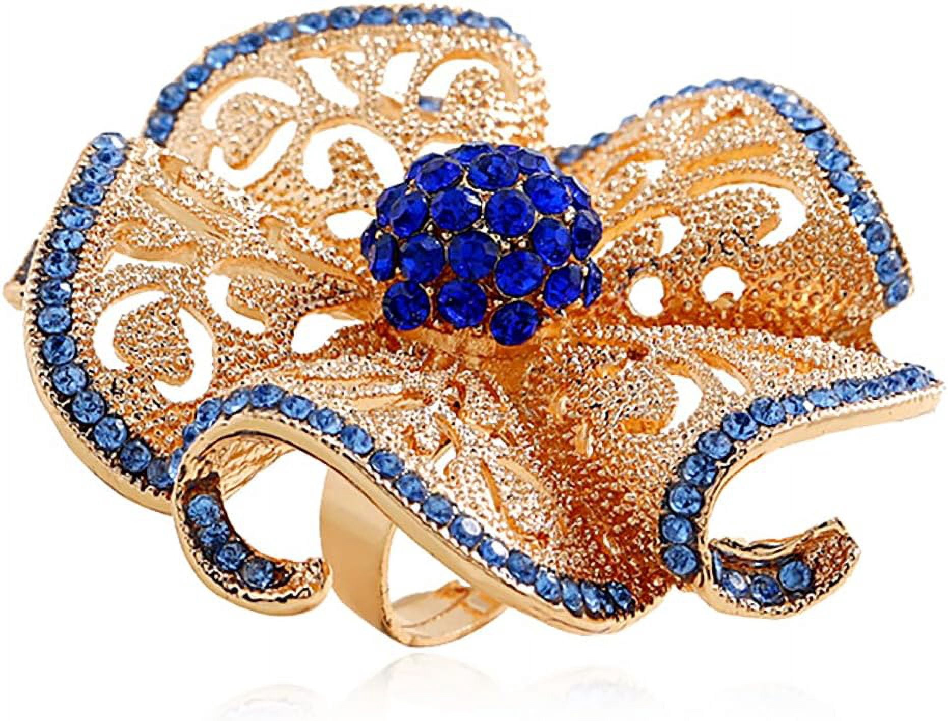 Vintage CZ Camellia Flower Promise Ring for Women Girls Gold-Toned Blue ...