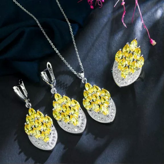 Vintage CZ Multicolor Ring Pendant Necklace Huggie Earrings Party Jewelry Set