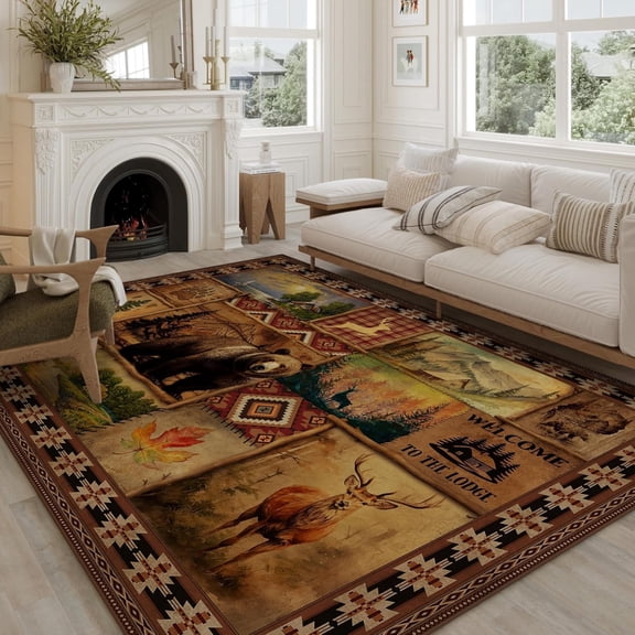 Vintage Cabin Area Rugs for Living Room 5'x7', Non Slip Machine Washable Rustic Bear Rug Carpet for Dining Floor Bedroom Office Indoor, Farmhouse Rustic Living Room Decor
