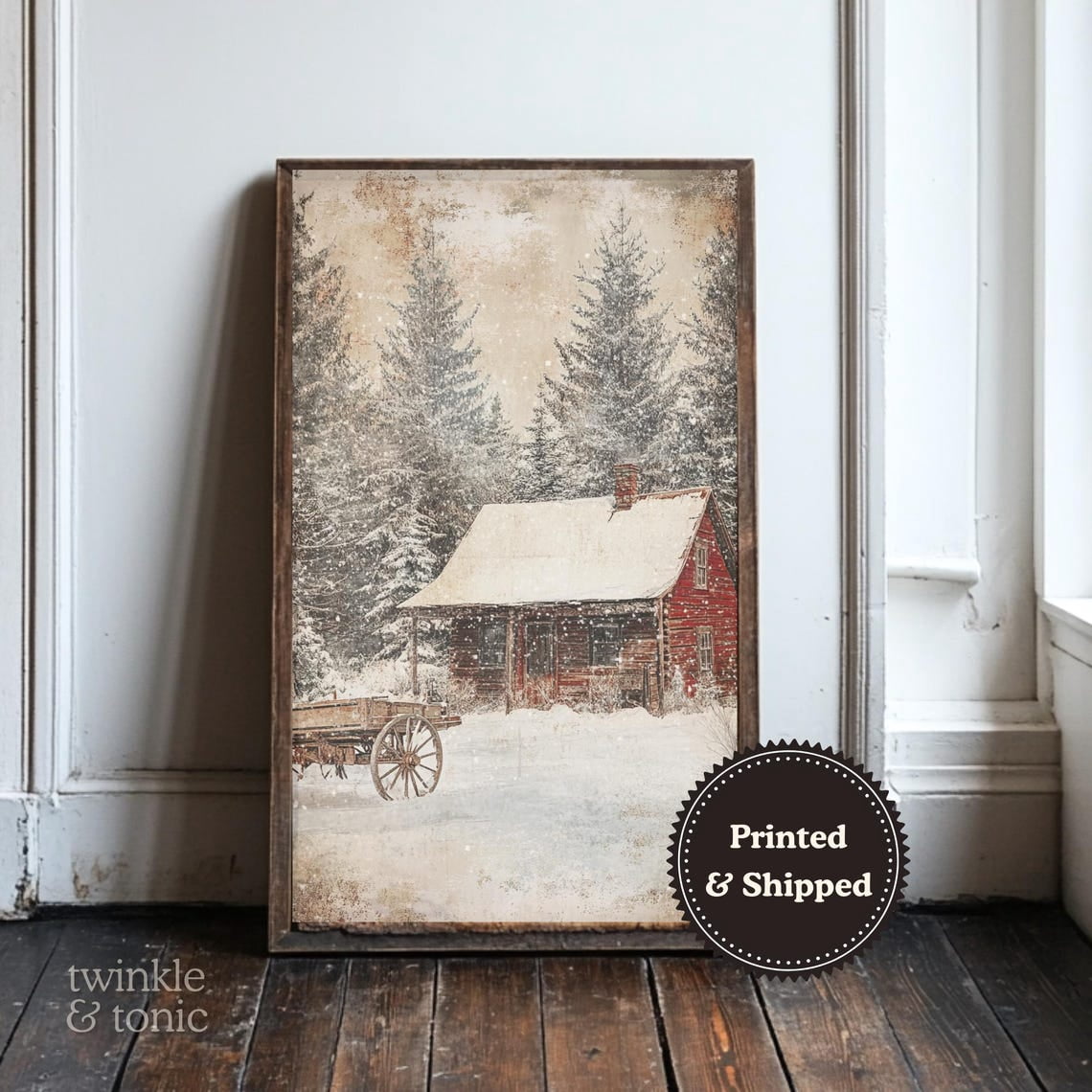 Vintage Cabin Art Print Rustic Antique Poster Cozy Snowy Winter Scene ...