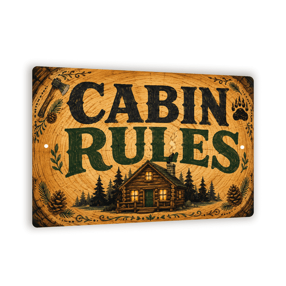 Vintage "Cabin Rules" Log Slice Metal Sign - Rustic Lodge Rules Wall Decor - 8"x 12" Cabin Wall Art For Cabin Owners And Lodge Decorators