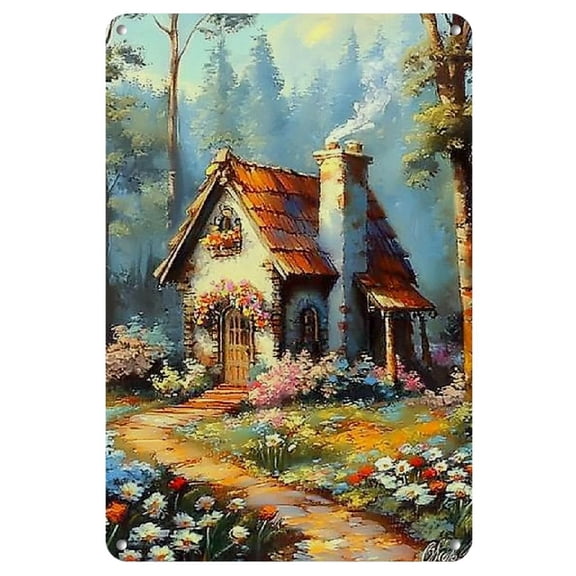 Vintage Cabin in Woods Scenic Metal Tin Sign - 8x12 Inch Iron Wall Art, Rustic Autumnal Forest and Floral Pathway Design for Home, Office, Bar, Cafe, Library, Garage Decor, Outdoor Decor