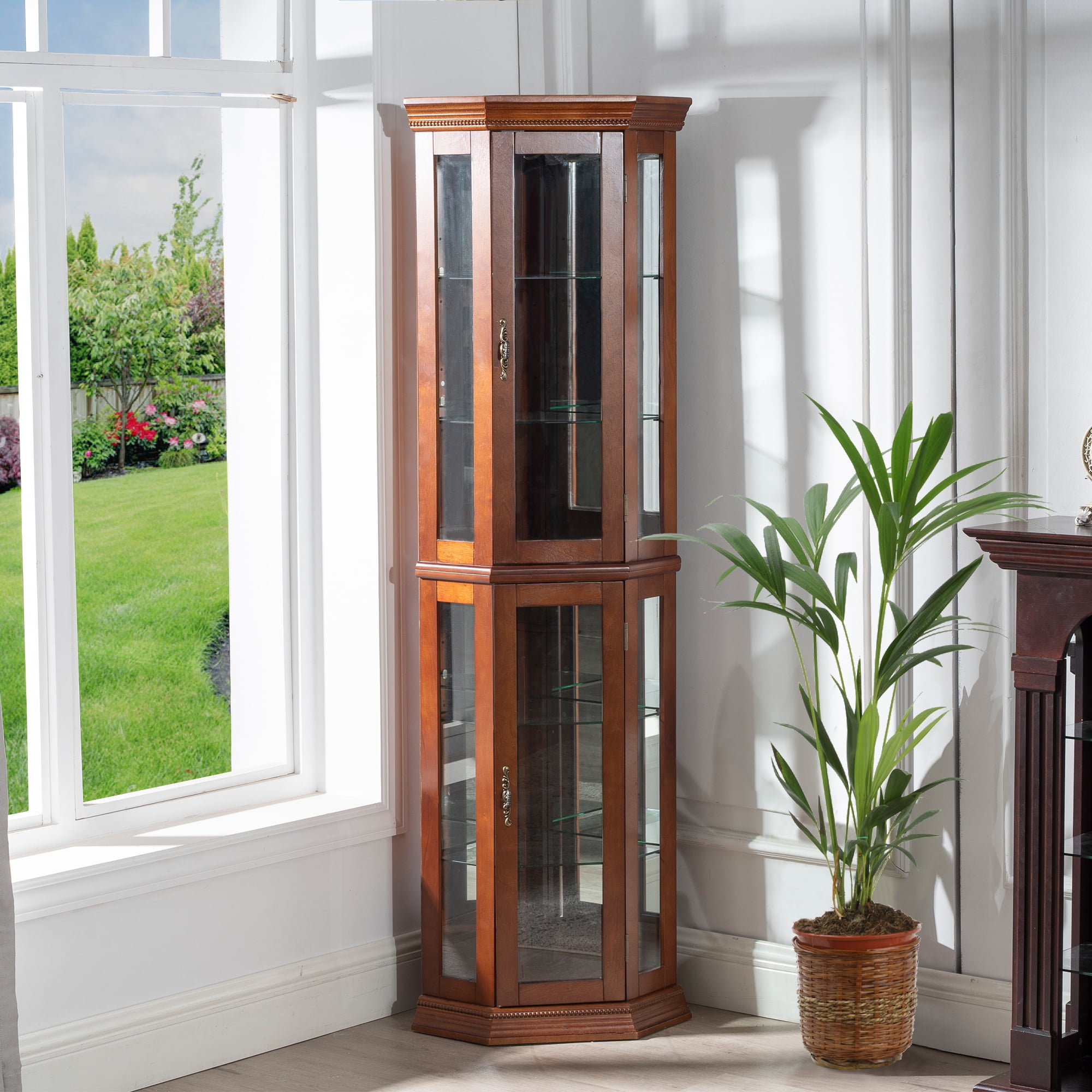 Vintage Corner with Glass Doors, Light and Tall Storage Shelves