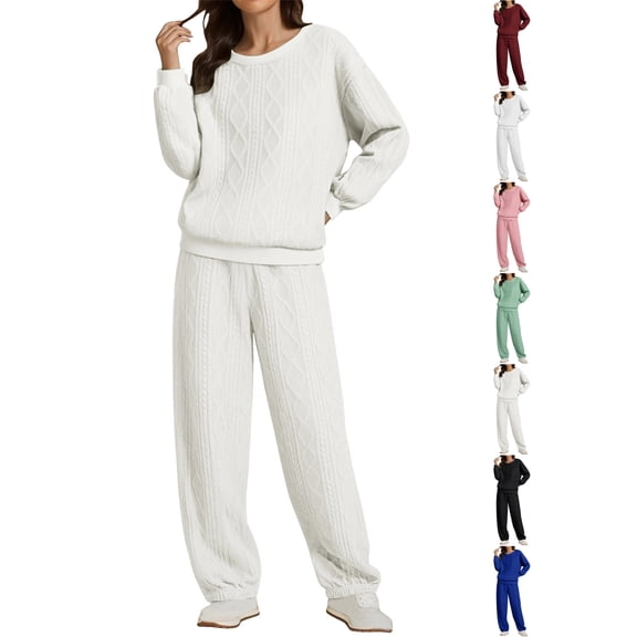 Vintage Cable Knit Two-Piece for Women Oversized Sweater 90s Vintage Cable Knit Long Sleeve Crewneck Pullover Tapered Pants Set Women's Cozy Retro Outfit