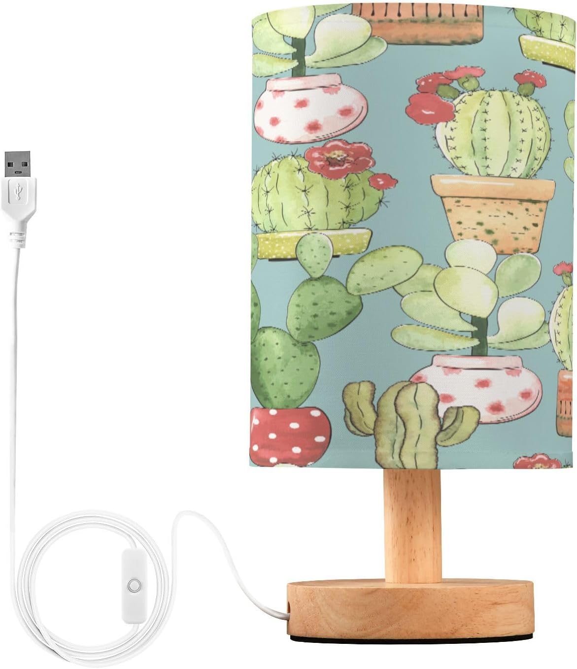 Vintage Cacti Bedside Table Lamp Nightstand Lamp with Linen Fabric Shade Wooden LED Desk Lamps