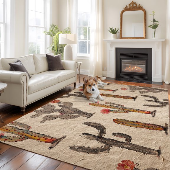 Vintage Cactus Area Rugs 5x7 Ft, Washable Bedside Rugs Low Pile Office Carpet, Farmhouse Retro Brown Summer Botanical Non Slip Rugs for Living Room Bedroom Dining Room Classroom Playroom Home Decor