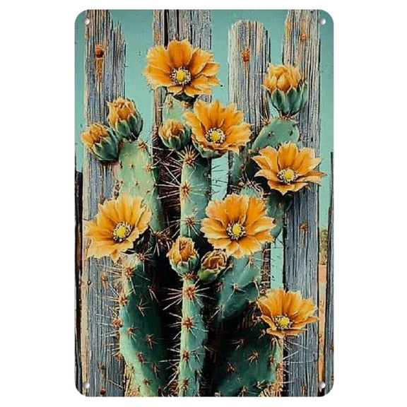 Vintage Cactus Bouquet Metal Tin Sign - Rustic 8x12 Inch Iron Wall Art, Weathered Blue Wood & Yellow Flowers Design for Home, Bar, Cafe, Garage Decor