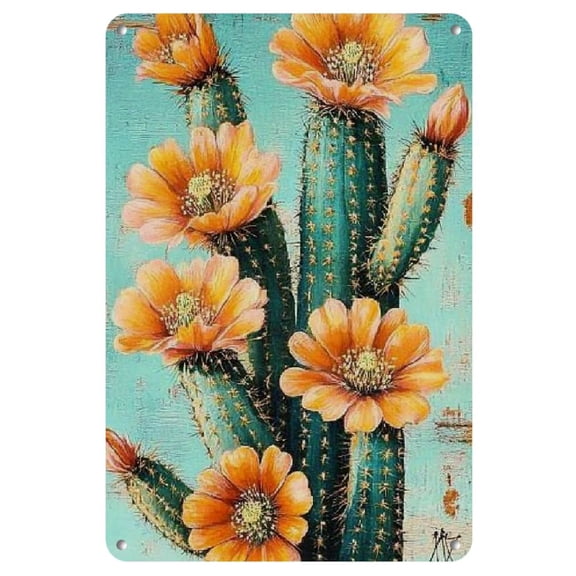 Vintage Cactus Bouquet Metal Tin Sign Wall Art - 8x12 Inch Rustic Desert-Themed Decor for Home, Bar, Cafe, or Garage - Vibrant Orange Flowers & Blue Background, Mexican Home Decor