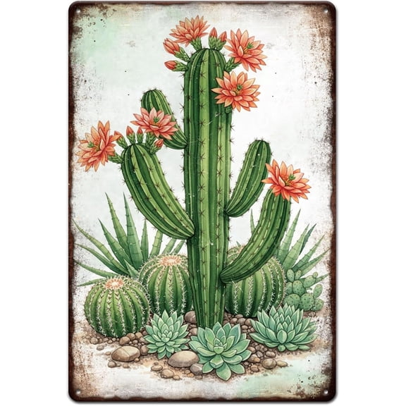 Vintage Cactus Flowers Metal Tin Sign 12x8inch Aloe Vera Plants Tin Signage Decor Signs Succulent Wall Metal Plaque for Home Room Garden Cafes Club Gym Shop Store Decoration