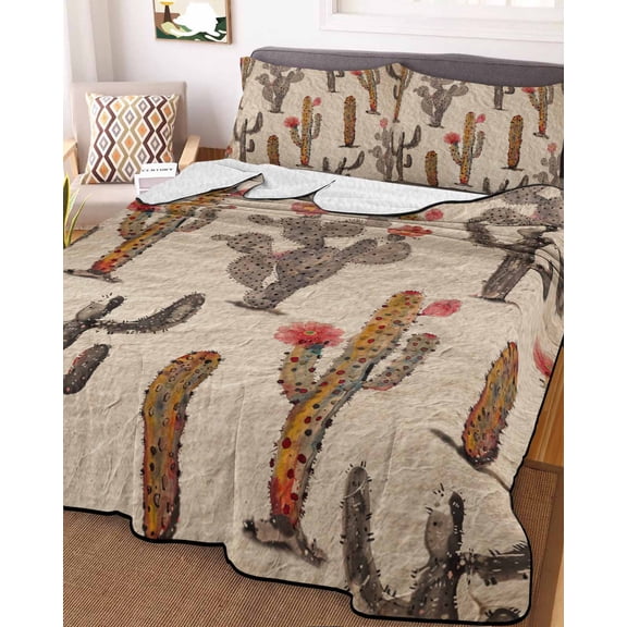 Vintage Cactus Full Size Down Alternative Comforter, Lightweight Comforter Quilt Bedding Set with Pillow Shams Farmhouse Retro Brown Summer Botanical All Seasons Bed Comforter Duvet Insert 78"x90"