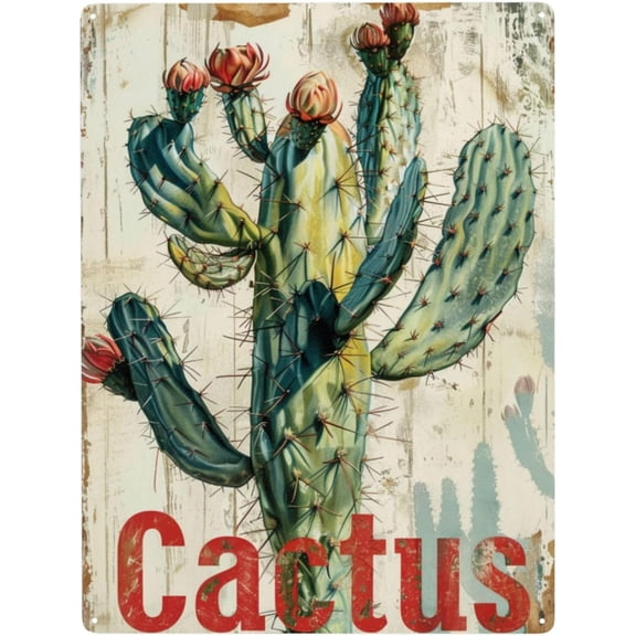 Vintage Cactus Metal Tin Sign, Funny Plant Wall Decor Poster Plaque, 8 x 12 Inch