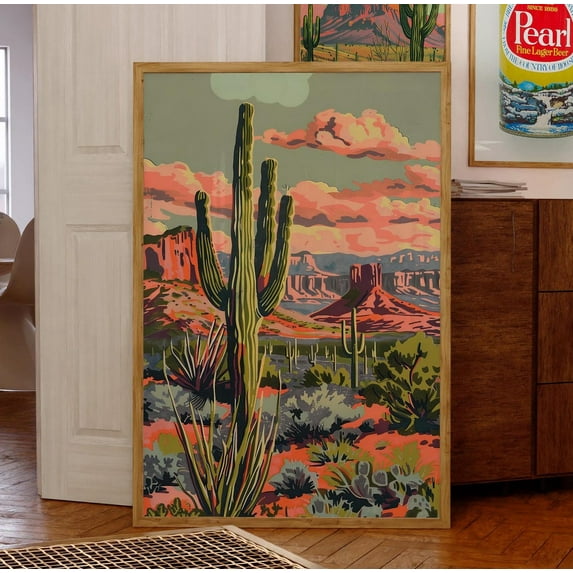 Vintage Cactus Print Desert Sunset Art Western Wall Decor Retro Desert Landscape Southwestern Home Paint By Number Style Arizona Wall Art , Decor For Living Room Bedroom, 8x12 UNFRAMED