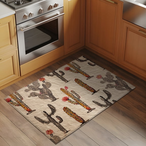 Vintage Cactus Small Area Rug 2x3 Ft, Bathroom Rugs Washable Kitchen Rug Runner, Farmhouse Retro Brown Summer Botanical Non Slip Indoor Outdoor Rugs Welcome Front Door Mat Carpet for Entryway Sink