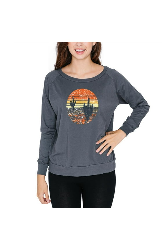 Vintage Cactus Sunset Juniors Long Sleeve Slouch Top Grey LG