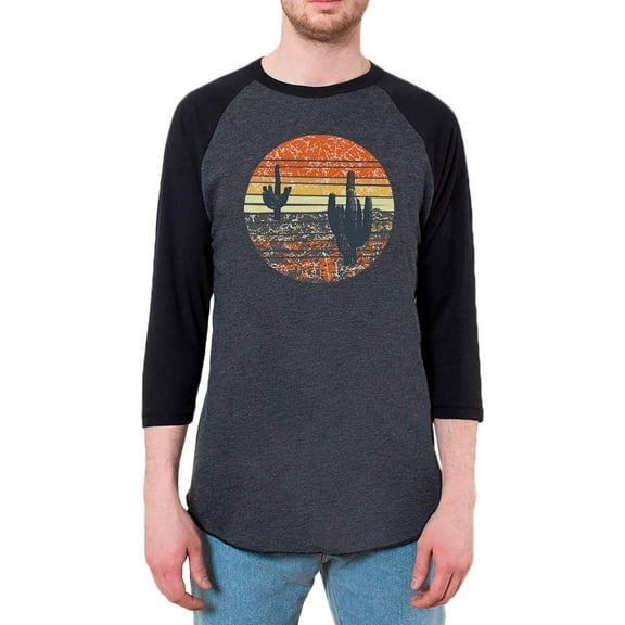 Vintage Cactus Sunset Mens Raglan T Shirt Heather Black-Black X-LG