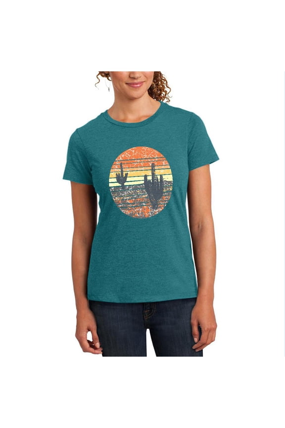 Vintage Cactus Sunset Womens Soft Heather T Shirt Heathered Teal LG