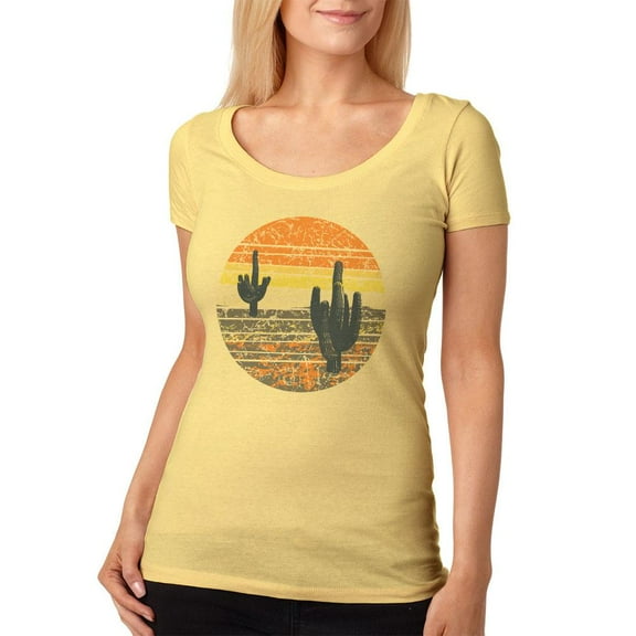 Vintage Cactus Sunset Womens Soft Scoop T Shirt Yellow Haze X-LG