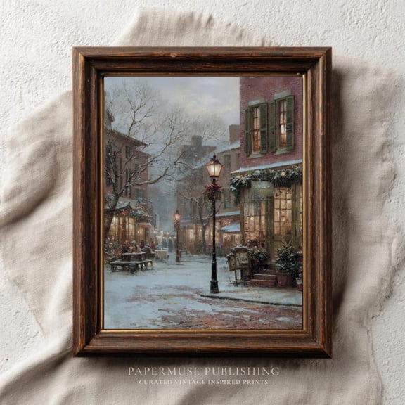 Vintage Café Street Art Print, Winter Village , Old Worldmarket, Winter Coffee Shop Printable,, Unframed Canvas Size 8x12