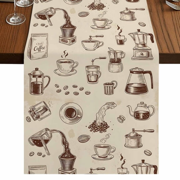 Vintage Cafe Burlap Cotton Table Runner 13x70 Inches Long, Coffee Making Tools Beans Cups Moka Pot Tan Farmhouse Table Runners, Outdoor Dining Tablecloths Decor for Baby Shower/Party/Wedding