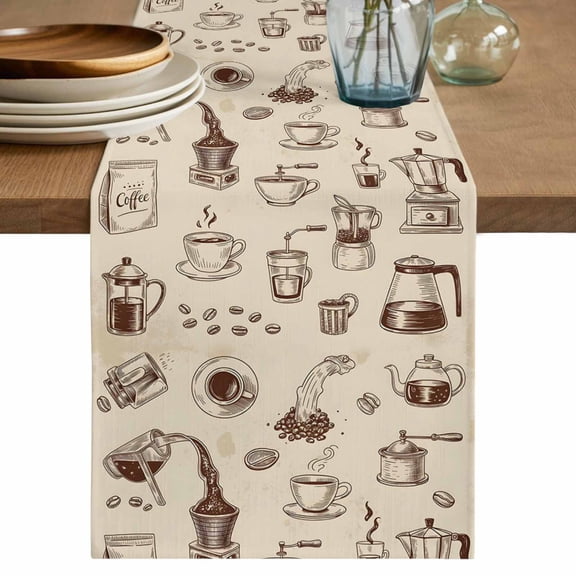 Vintage Cafe Cotton Linen Table Runner for Dining Kitchen, Coffee Making Tools Beans Cups Moka Pot Tan Wedding Outdoor Party Tablerunners, Dresser Scarf Coffee Tablecloth Runners 13x36 Inches
