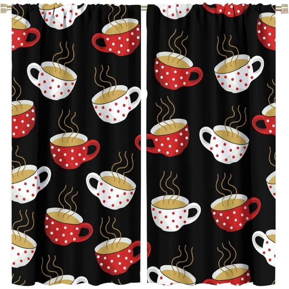 Vintage Cafe Curtains Rustic Farmhouse Red White Coffee Cup Printed Design Black Rod Pocket Blackout Window Drape for Coffee Kitchen Bedroom 42x54in