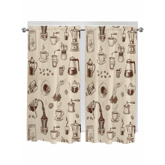 Vintage Cafe Living Room Curtains 2 Panel, Coffee Making Tools Beans Cups Moka Pot Tan Cafe Window Treatment, Extra Long Farmhouse Bedroom Bathroom Kitchen Curtains Drapes 104"x72"