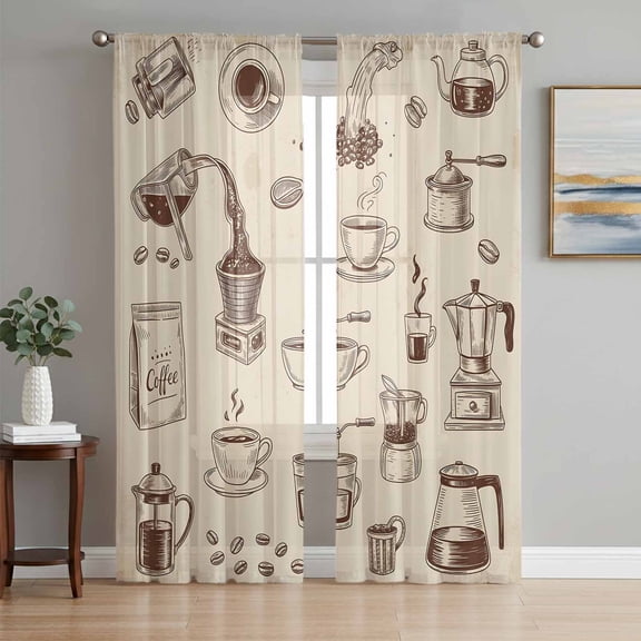 Vintage Cafe Sheer Curtains 108 Inch Length 2 Panels Set Window Treatments, Coffee Making Tools Beans Cups Moka Pot Tan Rod Pocket Semi Curtains for Living Room/Bedroom/Kitchen Décor, 104"W x 108"L