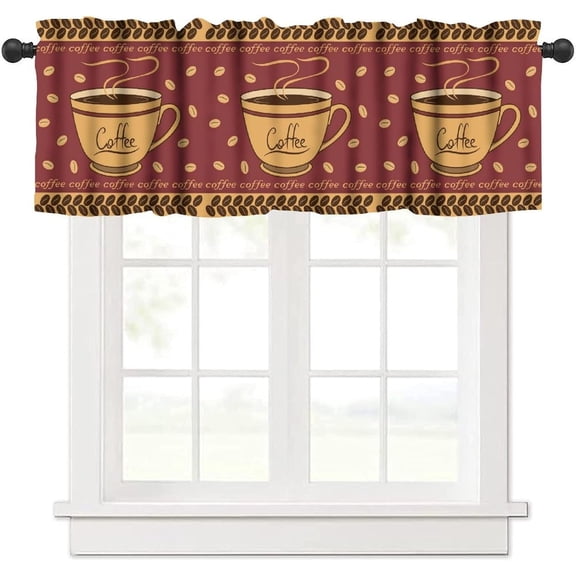 Vintage Cafe Valance Curtain Rustic Farmhouse Coffee Cups Coffee Bean Rod Pocket Valance Window Treatments Short Curtains for Kitchen Living Room Decor 54x18inch