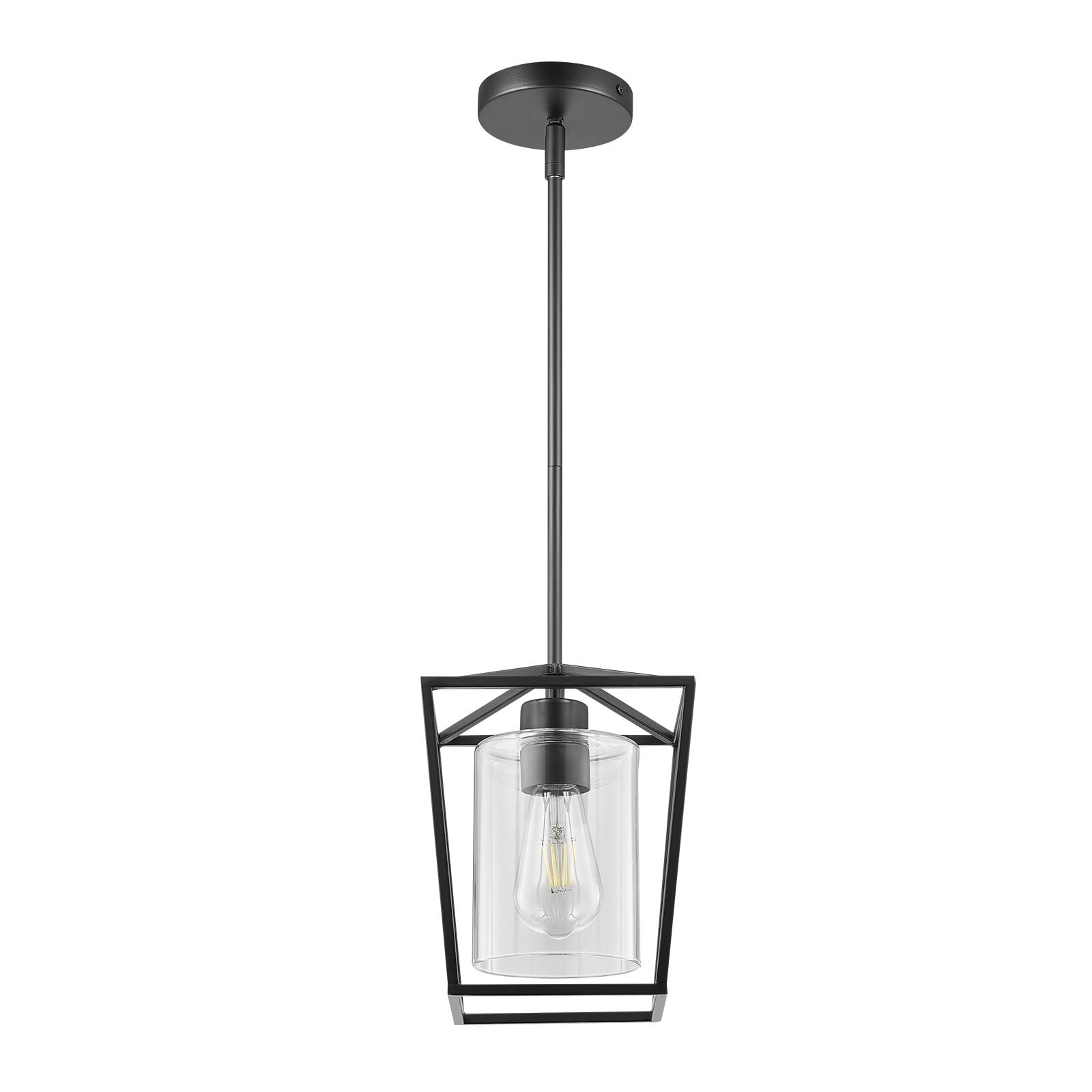 Vintage Cage Pendant Light Black Metal Frame Glass Shade Adjustable Height E26 Socket for Kitchen Island Dining Room Bar