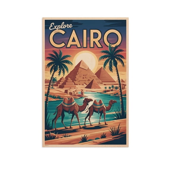 Vintage Cairo Cityscape Retro Egyptian Tourism with Ancient Landmarks Print Poster