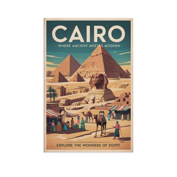 Vintage Cairo Cityscape Retro Egyptian Tourism with Ancient Monuments & Culture Canvas Poster