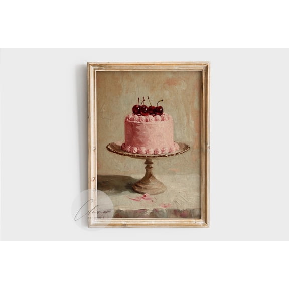 Vintage Cake, Cherry Dessert Art Print, Retro Bakery Kitchen Wall Decor, Antique Dining Room Artwork, Rustic Print For Baker Home Decor #36, Unframed Poster Size 8x12