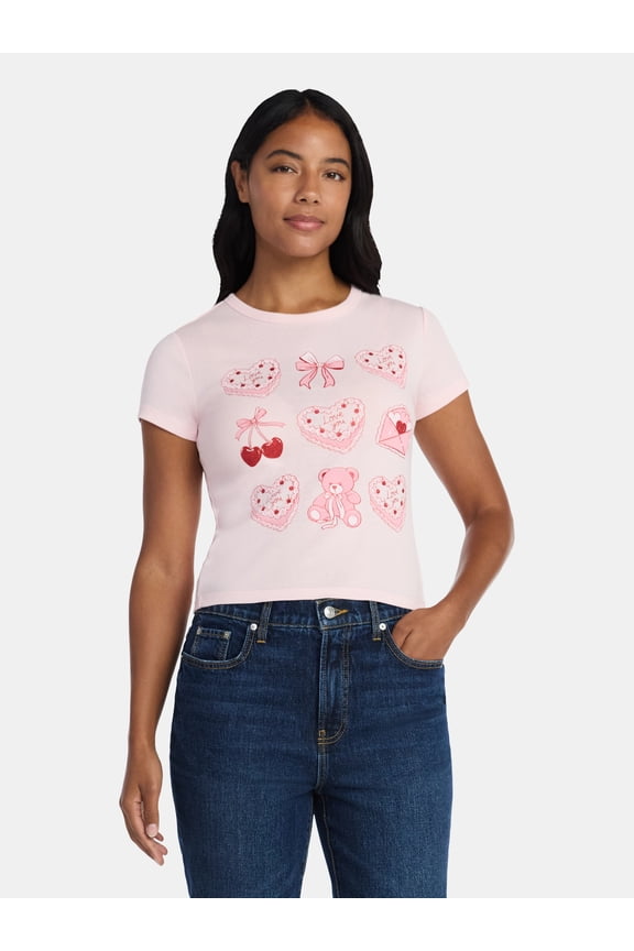 Valentine's Day Women’s Classic Cake Graphic Tee with Short Sleeves, Sizes XXS-XXL
