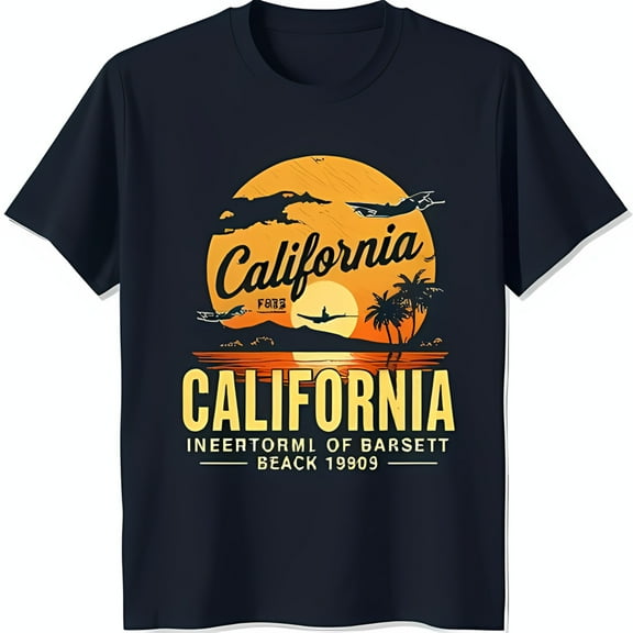 Vintage California 1983 Graphic T-Shirt Blue with Sunset Trees & Plane Design