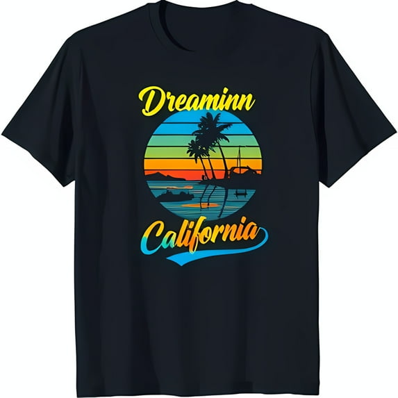 Vintage California Beach Scene Black T-Shirt with Sunset & Trees