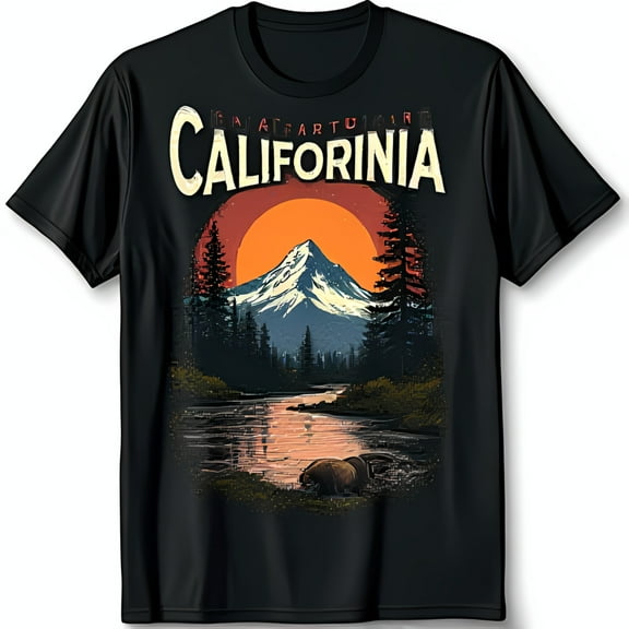 Vintage California Sunset T-Shirt Mountain Range Lake & Bear Graphic