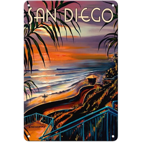 Vintage California Sunset Travel Poster Metal Tin Sign, San Diego Wall Art, 8 x 12 Inch