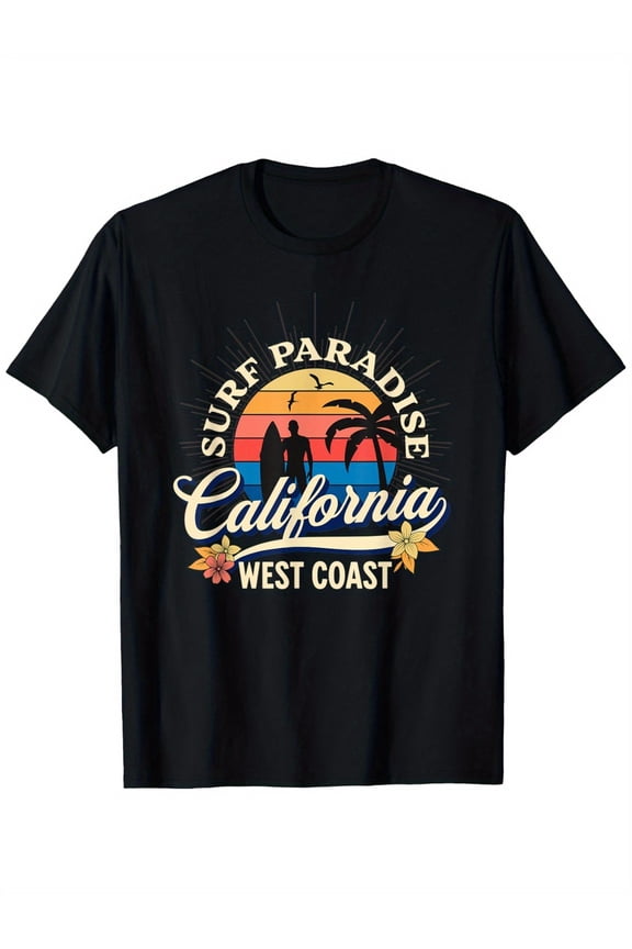 Vintage California Surf Paradise Graphic T-Shirt - Heavyweight 180gsm Cotton Tee with Surfer Couple Sunset Design - Unisex Adult Sizes S-XXXL - West Coast Beach Vacation Shirt for MenCSlesiasts