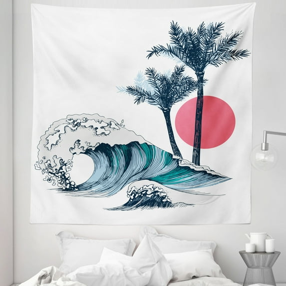 Vintage California Tapestry, Ocean Waves Palm Trees and Coral Toned Sun Exotic Summer, Fabric Wall Hanging Decor for Bedroom Living Room Dorm, 5 Sizes, Slate Blue and Pastel Pink, by Ambesonne