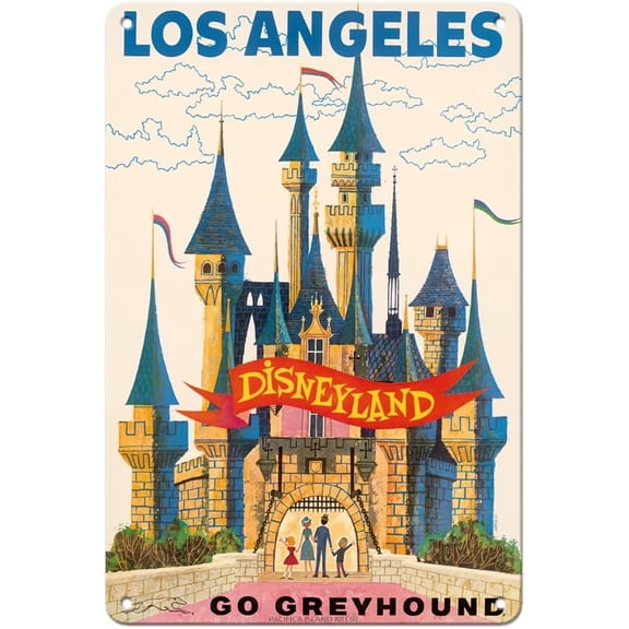 Vintage California Travel Poster Metal Tin Sign, Los Angeles and Theme Park Bus Design, 8 x 12 Inch Wall Decor