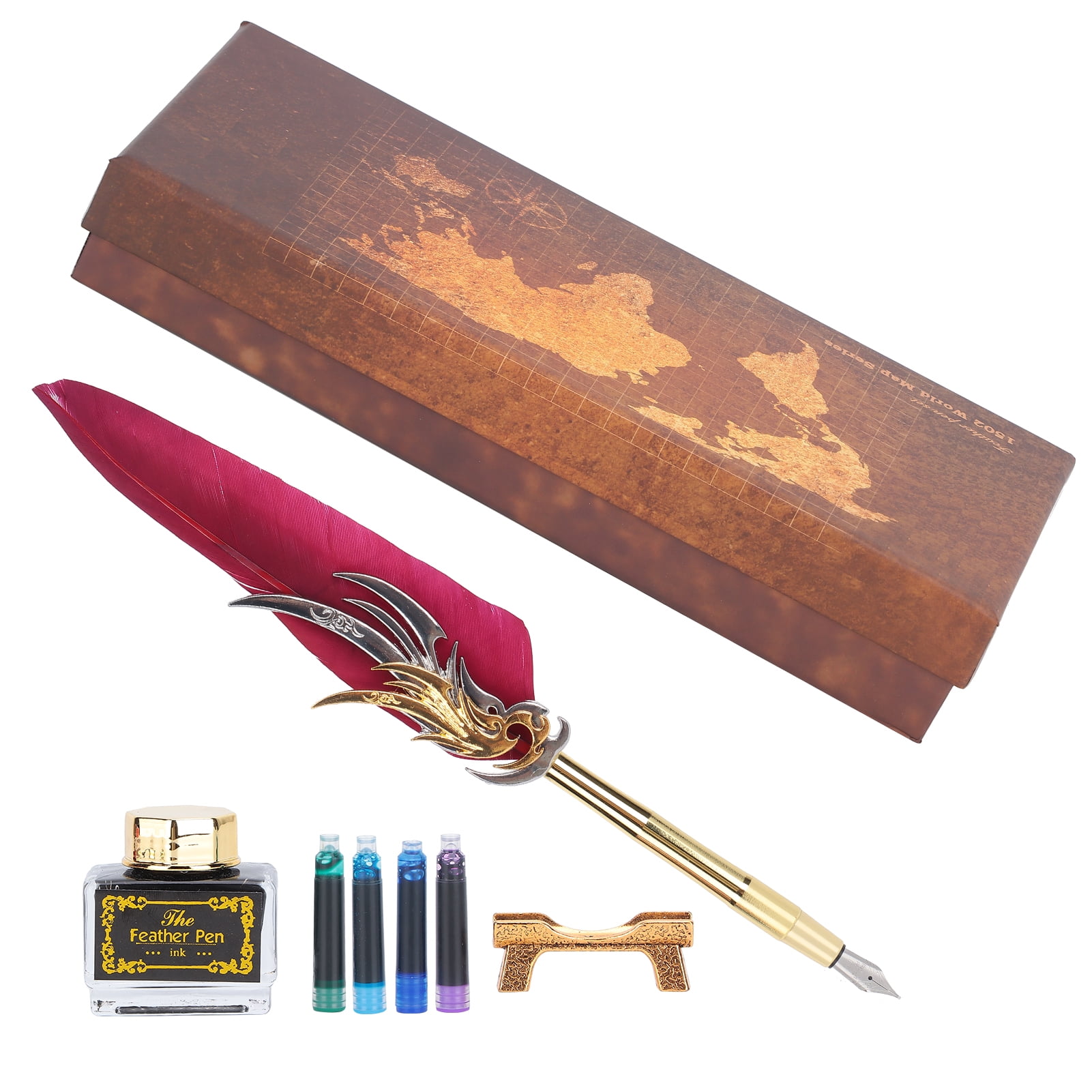 Vintage Calligraphy Feather Pen Set, Metal Quill Kit with Burgundy Ink ...