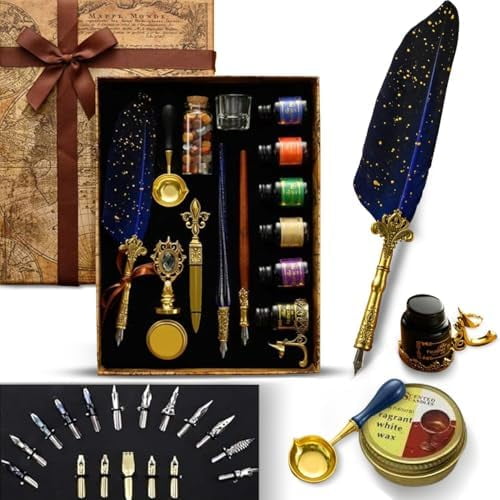 Vintage Calligraphy Set with Pen Nibs, Quill Feather Pen and Ink Set, Calligraphy Kit with Dip Pen Nibs and Wax Seal Stamp Kit, Ornate Holders, Gift Box$$Office